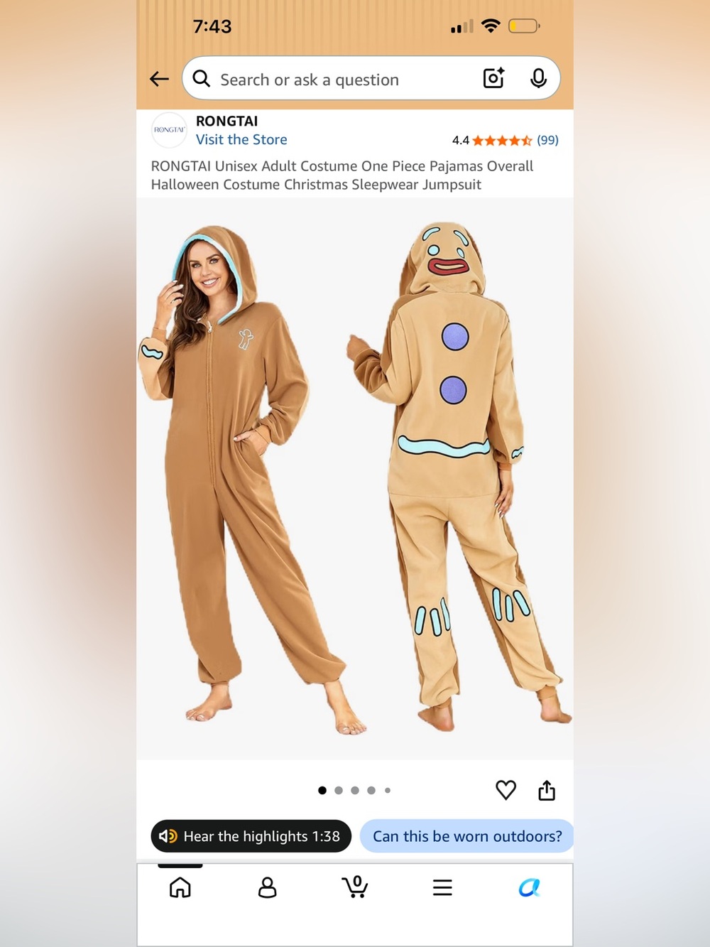 Kids Gingerbread Onesie Costume - Brown